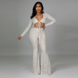 New sexy slim strappy short top women's casual wide-leg pants sequined two-piece suit