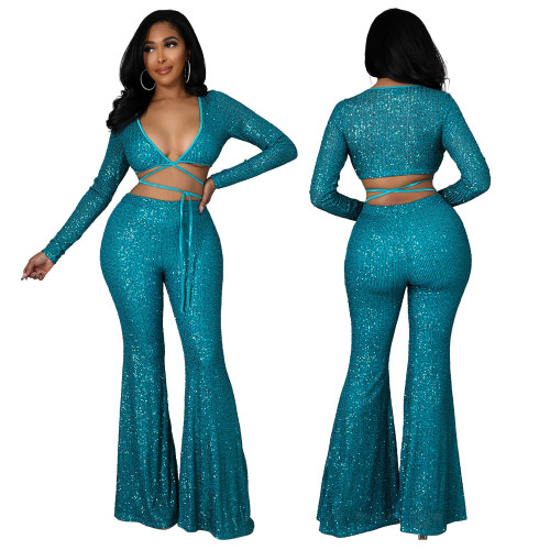 New sexy slim strappy short top women's casual wide-leg pants sequined two-piece suit