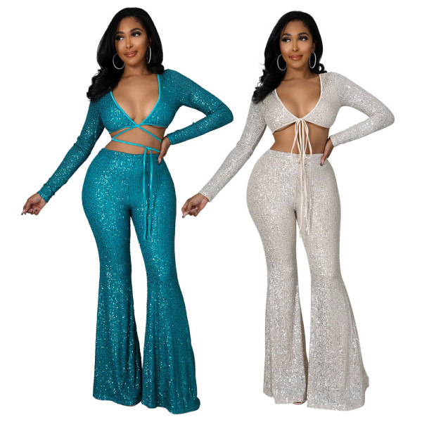 New sexy slim strappy short top women's casual wide-leg pants sequined two-piece suit