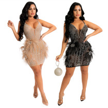 Fashion sexy V-neck feather bag hip dress winter new style