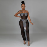 Lace hot silver cloth stitching see-through polyester mesh sleeveless long sexy dress female one piece