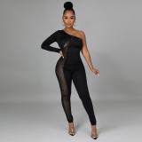 Sexy sexy sloping shoulder leaking shoulder perspective tight-fitting hip jumpsuit new