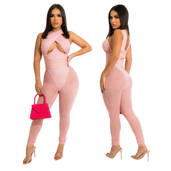 Fashion sexy waist hanging neck wrap chest type perspective solid color jumpsuit reveals the figure