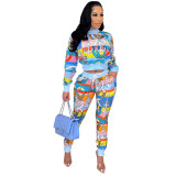 Sexy casual all-match printed light blue two-piece jacket + pants new