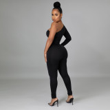Sexy sexy sloping shoulder leaking shoulder perspective tight-fitting hip jumpsuit new