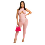 Fashion sexy waist hanging neck wrap chest type perspective solid color jumpsuit reveals the figure