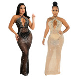 Fashionable sexy halter neck hollow leaking back see-through bag hip dress