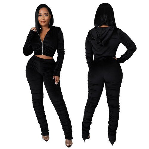 Fashion casual zipper long hooded leggings suit two-piece winter new style