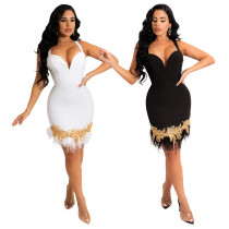 Fashion sexy V-neck sling feather bag hip dress with body shape new