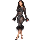 Fashion sexy hot rhinestone perspective long-sleeved feather bag hip dress