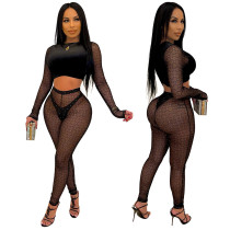 Fashion round neck velvet stitching mesh top with sexy slim pencil pants women's two-piece suit