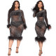 Fashion sexy hot rhinestone perspective long-sleeved feather bag hip dress