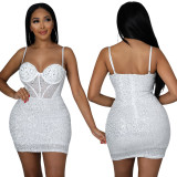 Sexy sling polyester mesh hot rhinestone stitching sequins nightclub party bag hip dress women