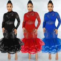 Fashion new lace see-through long-sleeved zipper mesh pleated skirt dress