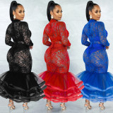 Fashion new lace see-through long-sleeved zipper mesh pleated skirt dress