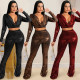 Fashion solid color women's hot stamping cloth deep V long sleeve waist trousers two-piece suit
