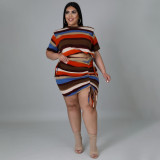 Trendy Milky Silk Brushed Striped Printed Drawstring Short Skirt Two-Piece Set