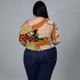 Plus size women's clothing fat size mm summer shoulder strap decoration digital printing blouse long-sleeved sling oblique shoulder T-shirt women