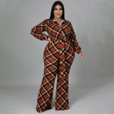 New plus size women's loose check print shirt collar long-sleeved sexy jumpsuit