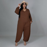 Women's wear round neck casual loose solid color sexy large size wide leg pants jumpsuit