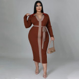 Women's 2021 autumn and winter new multi-color stitching lace-up temperament sexy plus size dress women