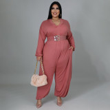 Women's wear round neck casual loose solid color sexy large size wide leg pants jumpsuit