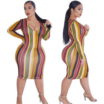 New mid-length skirt plus size women's long-sleeved V-neck striped temperament sexy dress