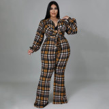 New plus size women's loose check print shirt collar long-sleeved sexy jumpsuit