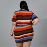 Trendy Milky Silk Brushed Striped Printed Drawstring Short Skirt Two-Piece Set
