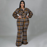 New plus size women's loose check print shirt collar long-sleeved sexy jumpsuit