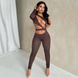 2021 autumn women's new sexy hollow one-shoulder high waist tight-fitting solid color sports fitness jumpsuit
