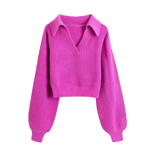 New lapel balloon sleeve short sweater knit sweater women