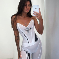 New women's sexy low-cut mesh gauze printed fishbone waist coat and hip shorts suit