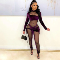 Women's new sexy mesh see-through velvet stitching high-waist buttocks tights