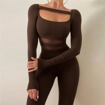 2021 autumn women's new sexy low-cut mesh stitching high-waist tight-fitting casual sports jumpsuit