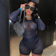 Women's winter new sexy mesh see-through long-sleeved one-piece suit hip shorts suit women