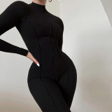 Autumn and winter women's new fashion high-neck tight-fitting high-waist solid color casual sports jumpsuit women