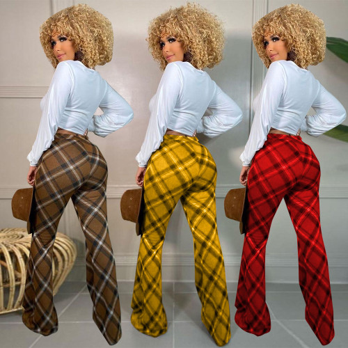New Women's Casual Straight Pants Fashion Printed Plaid Pants