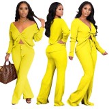 Women's autumn and winter new two-piece V-neck tie-knot slip-shoulder long two-piece suit