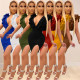 New women's solid color stitching V-neck wooden ear dress