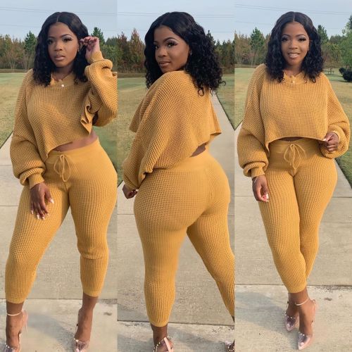Women's waffle solid color casual loose stretch suit two-piece suit