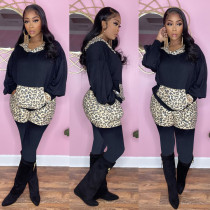 Leopard print stitching two-piece hooded pocket