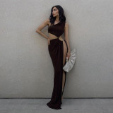 Sexy slit slanting shoulder long skirt female personality hollow spring and autumn new dress