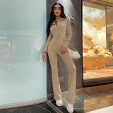 The new slim slim long-sleeved solid color jumpsuit temperament commuter casual fashion jumpsuit