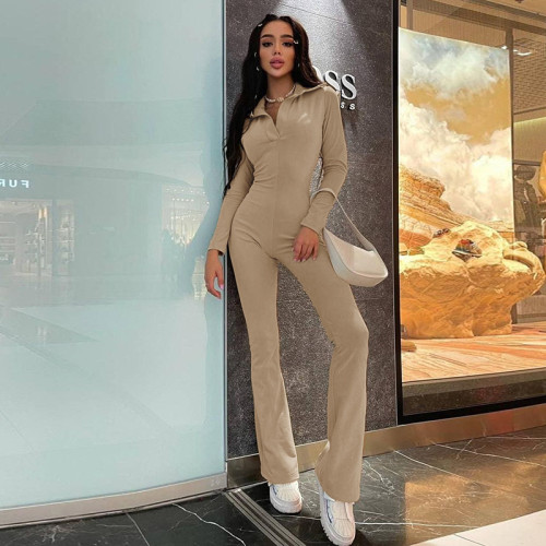 The new slim slim long-sleeved solid color jumpsuit temperament commuter casual fashion jumpsuit