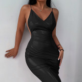 New style sling open back PU leather sexy winter dress with deep V breast display long skirt for women
