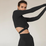 Knitted top with cross waist tie sexy solid color autumn long-sleeved slim hollow top