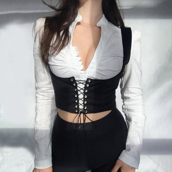 New style eyelet straps short vest waist suit sexy solid color two-piece shirt (vest)