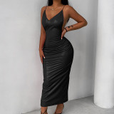 New style sling open back PU leather sexy winter dress with deep V breast display long skirt for women