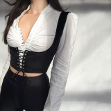New style eyelet straps short vest waist suit sexy solid color two-piece shirt (shirt)